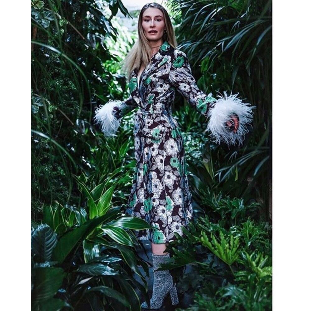 NWT Andreeva Metallic Jacquard Coat Jacket Fur Cuffs Tie Glam Maximalist Party M